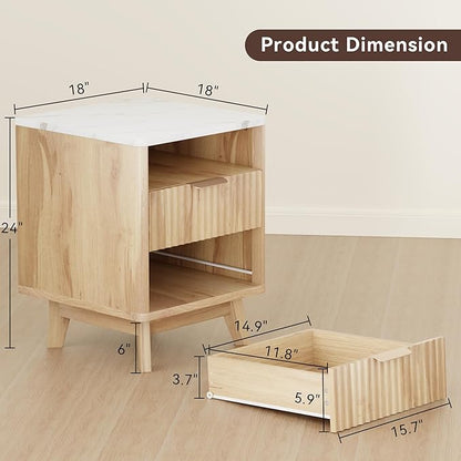 Fluted Nightstand Set of 2, 18" Modern Night Stand with Faux Marble Top, Open Storage Shelf, Fluted Bedside Table for Bedroom, End Table Side Table, Oak