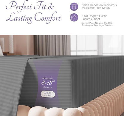 Carressa Linen Luxury Egyptian Cotton King Stripe Sheet Set, 600 Thread Count Extra Long Staple 4 PC Set, King Damask Sheets, Soft, Cooling Sateen Weave Striped Sheets Upto 18" Deep Pocket - Dark Grey