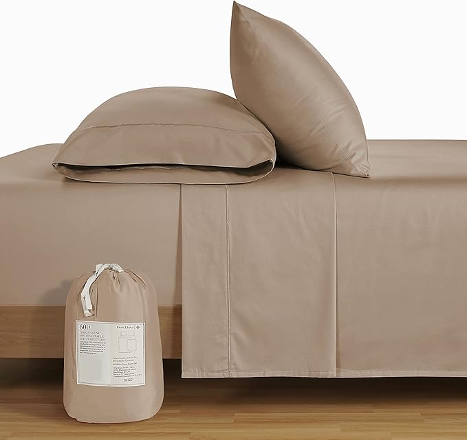 LANE LINEN 600 Thread Count 100% Cotton Sheets California King Size, Machine Washable Fully Elasticized Sofy & Comfy Low Pilling Cal Kings Sheets, Fade Resistant, Reinforced Fitted Pockets- Taupe
