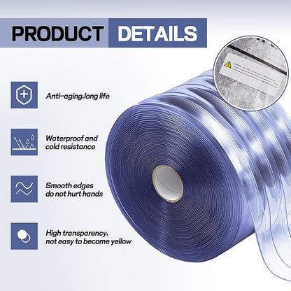 Moukeren Plastic Door Curtain for Winter 200 ft x 8 Inch Thermal Insulated Garage Door Strip Curtains Smooth Waterproof Clear PVC Strip Curtain for Warehouse Freezer, 0.08" Thickness (Striped)