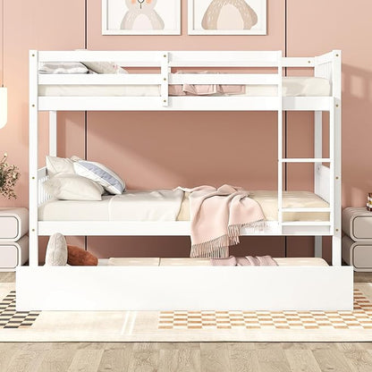 Bellemave Twin Over Twin Bunk Bed with Trundle,Convertible Bunk Beds with Ladder & Safety Guardrails,Twin Size Bunk Beds for Kids Girls Boys,White