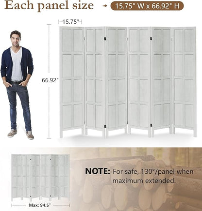 6 Panel Room Divider, 5.6Ft Wood Room Dividers and Folding Privacy Screens, Room Divider Wall Freestanding Room Partitions, Room Dividers Screen for Home Office Bedroom, White