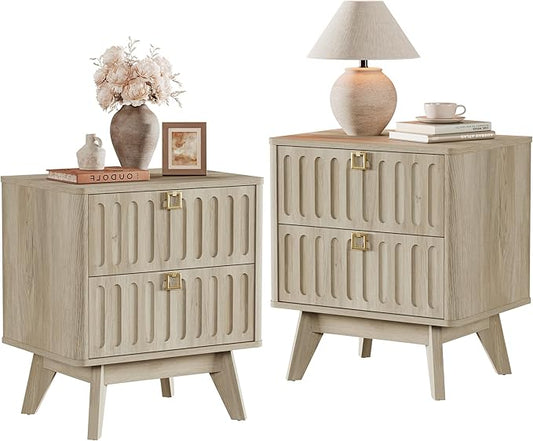 SICOTAS Nightstand Set of 2, Modern Bedside Tables with 2 Drawers, Stable Bedroom Nightstands with Textured Drawer Front and Gold Hardware for Bedroom, Apartment