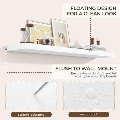 RICHFOCUS 55Inch Floating Shelves for Wall 2 Pack Shelves for Bedroom|Kitchen|Bathroom Wall Mounted Rustic Wood Floating Shelf with Invisible Brackets for Books|Storage|Decor, White