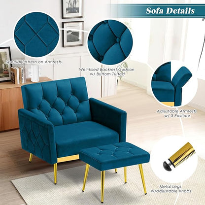 Velvet Accent Chair w/Adjustable Armrests and Backrests, Tufted Single Sofa with Ottoman, Upholstered Reading Chiar for Living Room, Apartment, Bedroom, Teal