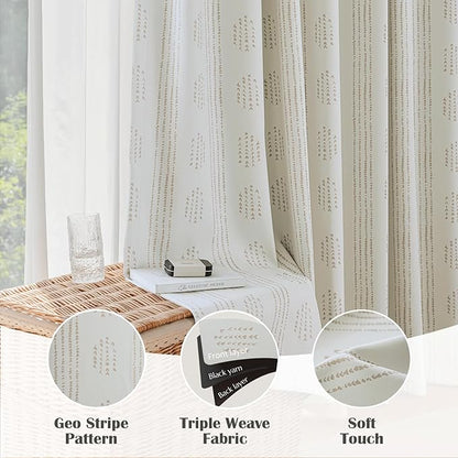 100% Boho Blackout Curtains 63 Inches Long for Bedroom, Taupe on Beige Patterned Bohemian Curtains for Living Room, Geometric Striped Thermal Insulated Window Drapes Gromment Top 2 Panels
