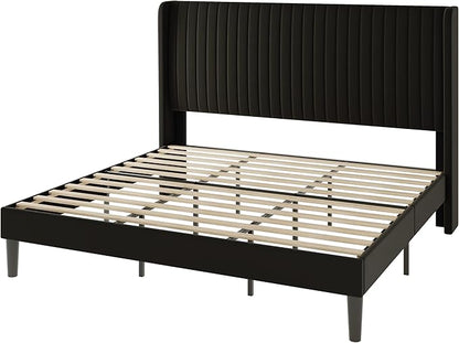 Allewie King Size Velvet Bed Frame/Vertical Channel Tufted Wingback Headboard/Upholstered Platform Bed/Strong Wooden Slats/No Box Spring Needed/Easy Assembly/Black