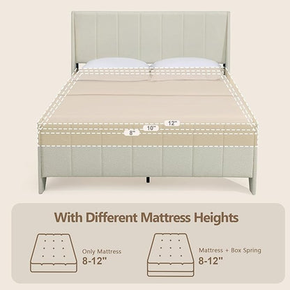 Brafab Queen Boucle Upholstered Bed Frame with Wingback Headboard, No Box Spring Needed, Easy Assembly, Platform Bed with Wooden Slats, Beige(Queen (U.S. Standard))
