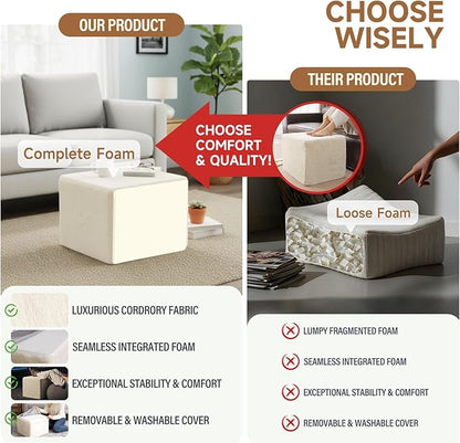Tiita Square Stuffed Pouf Ottoman, Plush Poufs with Foam Chunk Filling, Foot Rest Stool for Living Room, Cream