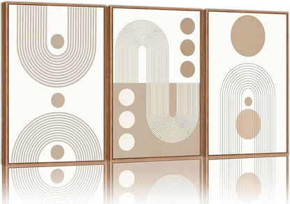 YeeHomedec Boho Beige Neutral Framed Canvas Wall Art, Mid Century Modern Wall Decor, Bohemian Abstract Minimalist Artwork, Geometric Line Circle Art Painting for Living Room Bedroom Office 16"x24"x3