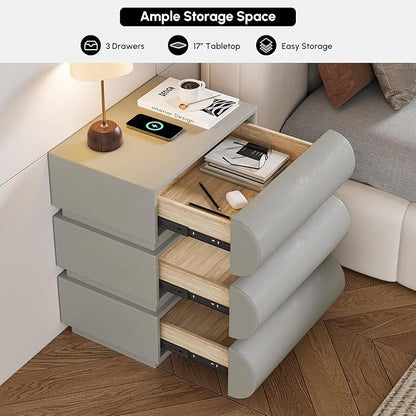 homary Smart Nightstand Modern White Leather Nightstands with Wireless Charger Bedside Table with 3 Drawers for Bedrooms Living Rooms Offices 19.7" W x 16.1" D x 23.6" H (Light Gray 3 Drawers)