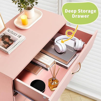 Karl home 4 Pink Drawer Dresser, Modern Chest of Drawers, Wood Bedside Table Night Table,Anti-Tipping Device, Rose Gold Metal Handle