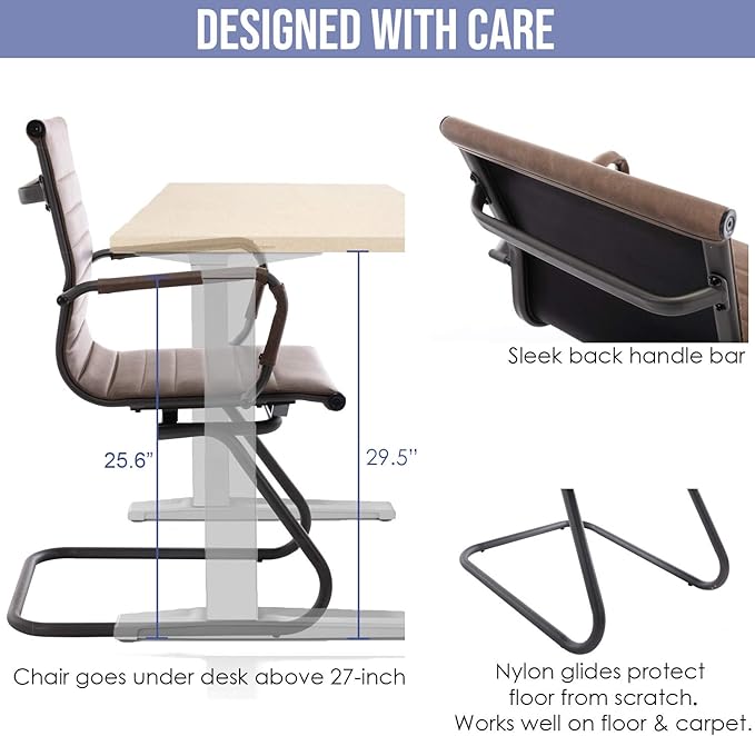 Wahson Office Guest Chairs Set of 2, Leather Reception Chairs, Mid Back Waiting Room Chair, Conference Chairs with Sled Base for Meeting/Lobby/Restroom, Brown