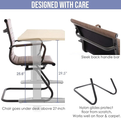 WAHSON OFFICE CHAIRS - No Wheels & Reception Seats, Leather Waiting Room Mid Back Conference Seats with Sled Base for Meeting/Lobby/Restroom, Brown (4 Pack)