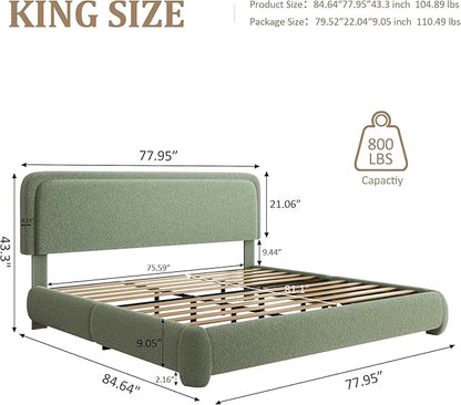King Size Platform Bed Frame with Headboard, Boucle Upholstered Desige, Anti-Collision Corners, Soft Rounded Corners, No Box Spring Required, Easy Assembly, Noise Free