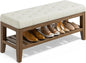 End of Bed Storage Bench, 42.9" Entryway Shoe Bench with Solid Wood Shelf, Upholstered Ottoman with Padded Seat for Bedroom, Hallway and Living Room, Beige