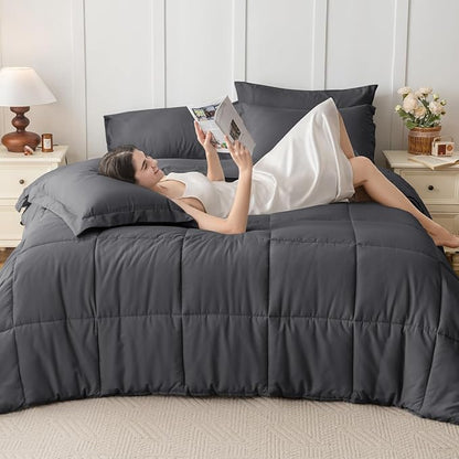 JOLLYVOGUE Oversized Queen Comforter Set, Ultra-Soft Bed in a Bag Oversized Queen Size 7 Pieces, Oeko-TEX Certified Bedding Set with Down Alternative Comforter, Sheets, Pillowcases & Shams, Dark Grey