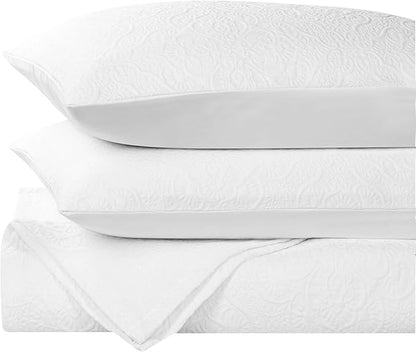 Superior 3 Piece Bedspread Set, Home Bed Decor, Decorative Bed Spread, 2 Pillow Shams, Medium Weight Blanket, Floral Matelasse Coverlet, Bedding Essentials, Enzy Collection, King, White