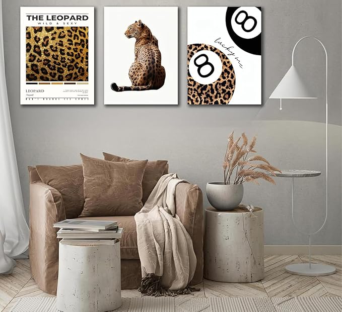 Trendy Leopard Framed Set of 3 Canvas Poster Prints,Picture Modern Artwork Wall Art for Home Décor,Perfect for Adds Wilderness & Elegance to Living Room,Bedroom or Any Interior Space,16Lx12W