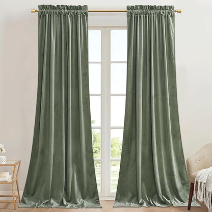 StangH Nursery Kids Sage Green Velvet Curtains 96 inches Room Darkening Noise Reducing Sliding Door Covering for Living Room/Closet/Bedroom/Patio, W42 x L96, 2 Panels