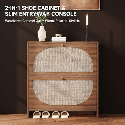 Nicetree Rattan Arched Accent Shoe Storage Cabinet - Freestanding Ultra Slim for Entryway, 2 Flip Drawers & 3-Tier Adjustable Shelves, Farmhouse Modern Rustic Shoe Rack for Hallway, Foyer, Living Room