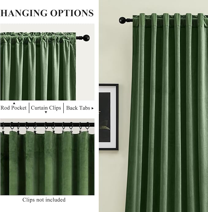 AUSSPVOCT Olive Green Velvet Curtains for Bedroom, Thermal Insulated Room Darkening Luxury Blackout Curtains 90 Inches Long Back Tab Window Drapes for Living Room Nursery, W52 x L90, 2 Panels