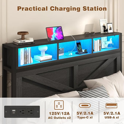 Farmhouse Full Bed Frame with Bookcase Storage Headboard, Charging Station, LED Light and 2 Storage Drawers, Noise Free, No Box Spring Needed, Black