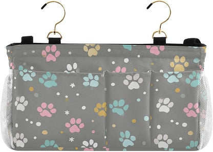 Bedside Caddy Hanging Bunk Bed Caddy Bed Organizer Hanging Pocket with 2 Hooks Bedside Storage Organizer Pocket Bag Holder Paw Print Dots Stars Grey