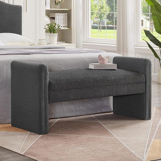 24KF Modern Upholstered Bed Bench Covered with Soft Boucle Teddy Fabric, Lovely Entryway Bench Ottoman with Armrest,5062-Dark Gray
