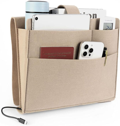 Seefoo Bedside Caddy, Large Bed Caddy Organizer with Cord Slit, Magazine Holder for Books, Remotes, Bunk Bed Storage Pocket with Strong-Grip Loop Tape Sticky for Dorm, Bedroom, Sofa Beige