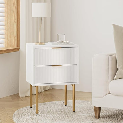 Masupu Nightstand,Mid-Century Modern Bedside Table with 2 Storage Drawer,Small Gold Frame Side End Table for Bedroom,Living Room, White