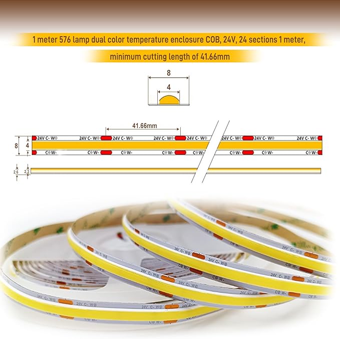 COB LED Strip Light,CCT Dimmable Strips Light,2700K-6500K,50ft/15m,8mm Wide,CRI90+ 24V LED Strips Kit with Bluetooth APP Control/Music Mode,for Bedroom,Kitchen,DIY Lighting