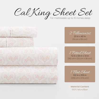 Linen Market Double-Brushed Patterned Microfiber California King Sheet Set 4 Piece – Oeko-TEX Certified Ultra Soft & Wrinkle-Free - 16" Deep Pocket Sheets Easy Care Cal-King Size - Classic in Pink