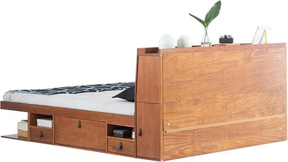 memomad Bali Set: Storage Platform Bed with Drawers + Bookcase Headboard (King Size, Caramel Brown Wood)