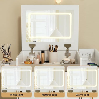 3 in 1 Vanity Desk with Flip Top Mirror, LED Lights, Side Cabinet,Collapsible Desk Panel, Hidden Stool with Storage, Small Makeup Vanity Table with Power Outlets, Compact Vanity, White PT01DTW