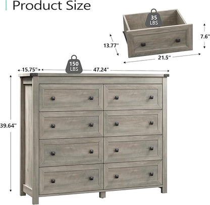 Dresser for Bedroom with 8 Drawers, Farmhouse Wood Chest of Drawers, Wide TV Stand Closet Storage Furniture with Metal Handle, Modern Clothes Organizer for Hallway, Living Room, Entryway, Light Grey