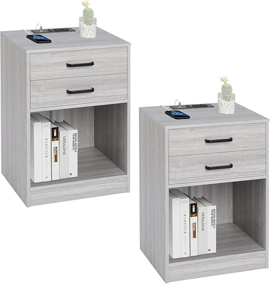 ADORNEVE Nightstands Set of 2,Grey Nightstand with Charging Station & Drawers,Night Stands for Bedrooms Set of 2