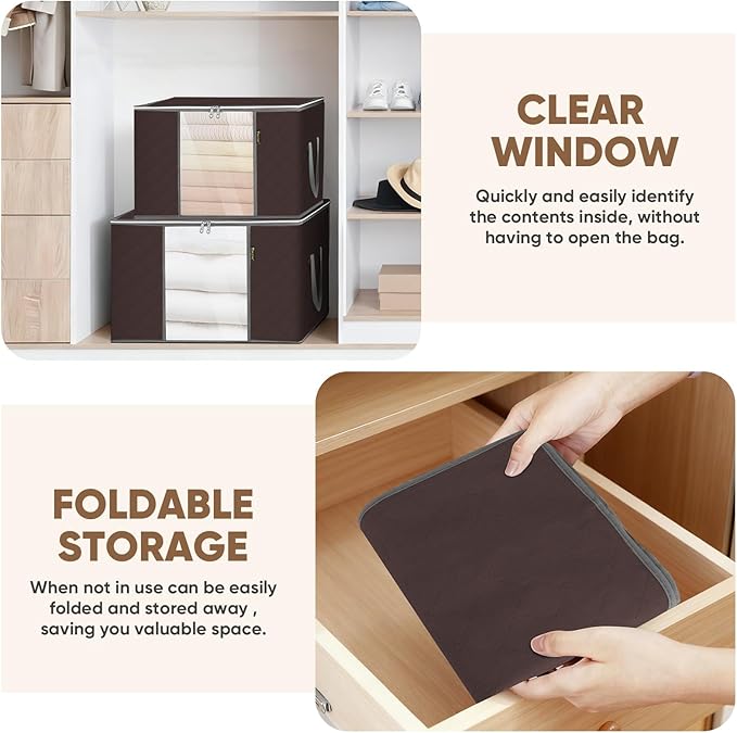 BALEINE 4 Pack Clothes Storage Bags, 16 Gallon Storage Containers with Reinforced Handle, Sturdy Zipper, Closet Organizer for Blanket, Comforter, Pillow, Bedding (Brown, 4 Pack)