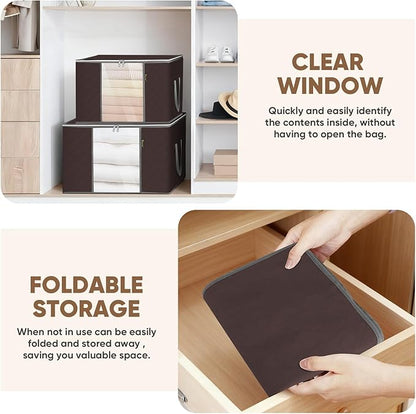 BALEINE 3 Pack Clothes Storage Bags, 24 Gallon Storage Containers with Reinforced Handle, Sturdy Zipper, Closet Organizer for Blanket, Comforter, Pillow, Bedding (Brown, 3 Pack)