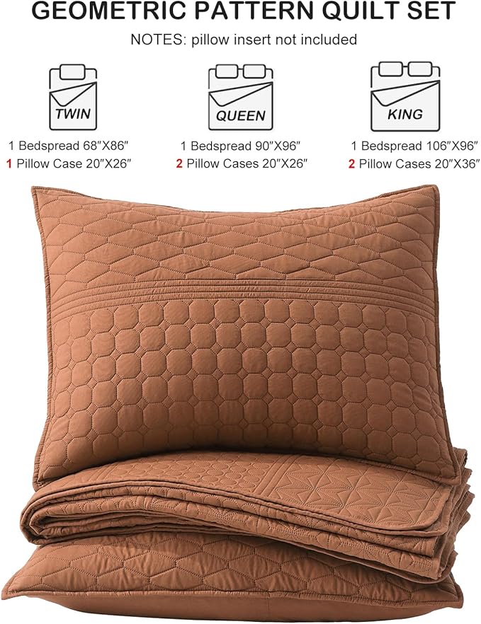 HORIMOTE HOME Burnt Orange Twin Size Quilt Set - Soft Microfiber Bedspread with 1 Sham, Lightweight & All-Season Geometric Coverlet for Cozy Bedding