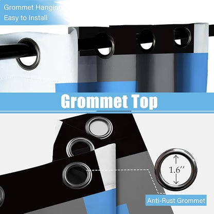 Light Blue 100% Blackout Curtains for Bedroom 63 inch Length 2 Panels Set Black Grey Modern Abstract Geometric Black Out Curtains Insulated Room Darkening Window Drapes for Living Room, 42Wx63L