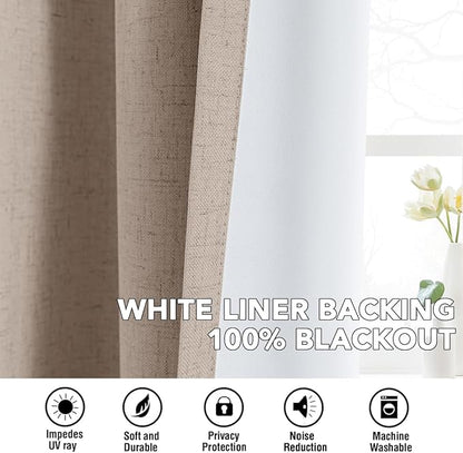 H.VERSAILTEX Linen Curtains 100% Blackout Curtains for Bedroom 45 inch Long Full Light Blocking Nature Linen Blended Window Curtains for Living Room Nickel Grommet (2 Panels, Heathered Sand)