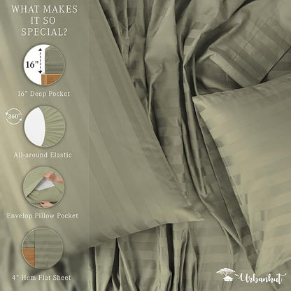 URBANHUT 800 Thread Count 100% Cotton Damask Queen Size Sheets, 4 Piece Striped Queen Size Bedsheets, Luxury Hotel Sheets Sateen Weave - Better Than Egyptian, 16" Elasticized Deep Pocket- Sage