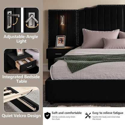 Luxury Queen Bed Frame with Headboard and Storage, Velvet Fabric Upholstered Platform Bed Frame Queen Size with LED Lights, Solid Frame & Bedside Table, No Box Spring Needed, Black
