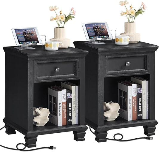 SAVOR LIFE Farmhouse End Tables Living Room Set of 2, Rustic Wood Nightstand with 1 Drawer, Bedside Table with Open Shelf for Bed Room, Side Table for Living Room, Black