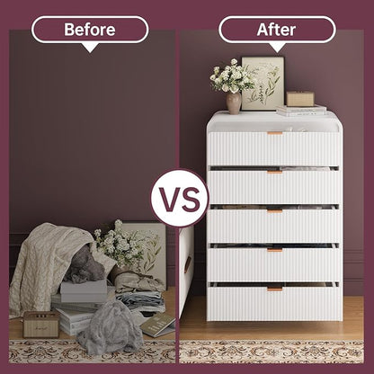 FURSUN Fluted 5 Drawers Dresser for Bedroom, 48" Tall Wooden Modern Dresser with Metal Handle, Curved Profile Design, Storage Organizer for Bedroom, Living Room, Hallway, White