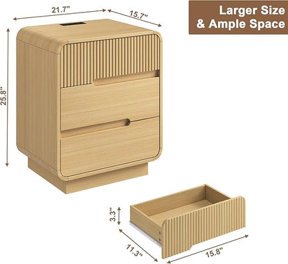 7 Drawer Dresser and 2 Nightstand Sets for Bedroom 3 Pcs Bedroom Set, Modern 47.2" Fluted Dresser with Invisible Handles Nightstand Charging Station, Bedroom Furniture Set for Living Room, Natural