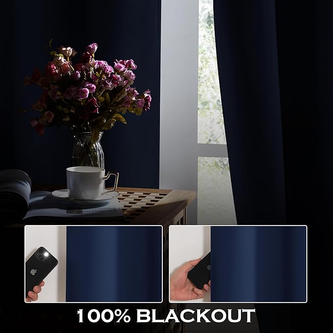 KGORGE 4-in-1 Soundproof Anti Dust 100% Blackout Curtains with Melt-Blown Layer Noise Reducing Thermal Insulating Window Drapes for Bedroom Nursery, W 52 x L 84, Navy Blue, 2 Panels