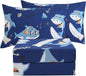 JSD Blue Shark Surfing Kids Sheet Set Full Size, 4 Piece Nautical Printed Microfiber Sheets Deep Pocket