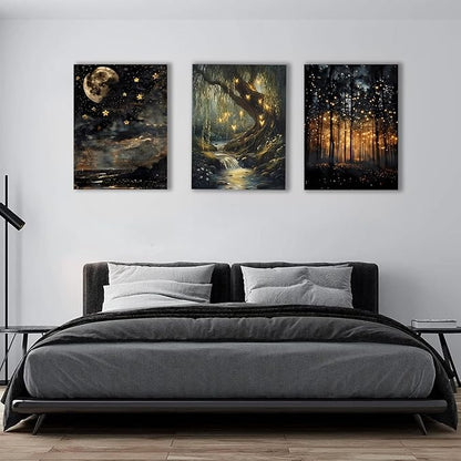 RYZopmuy Forest Wall Art Set – 3 Framed Moon & Fireflies Canvas Prints, Calming Nature-Inspired Décor for Modern Homes